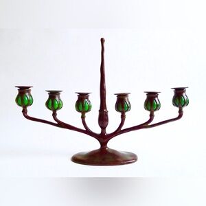 Tiffany Bronze & Jade Six-Arm Candelabra